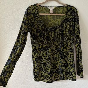 Sundance Velvety Black & Green Floral Ruffle Long Sleeve (Medium)